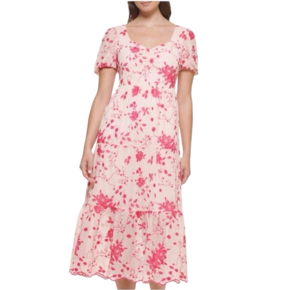 KENSIE Floral Embroidered Puff Sleeve Chiffon‎ Midi Dress In Blush/ Rasberry
